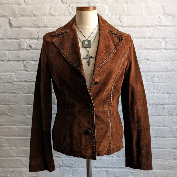 Wilsons Leather Jackets & Blazers - Y2K Brown Suede Leather Jacket Boho Western Minimalist Rust Biker Cowgirl Blazer
